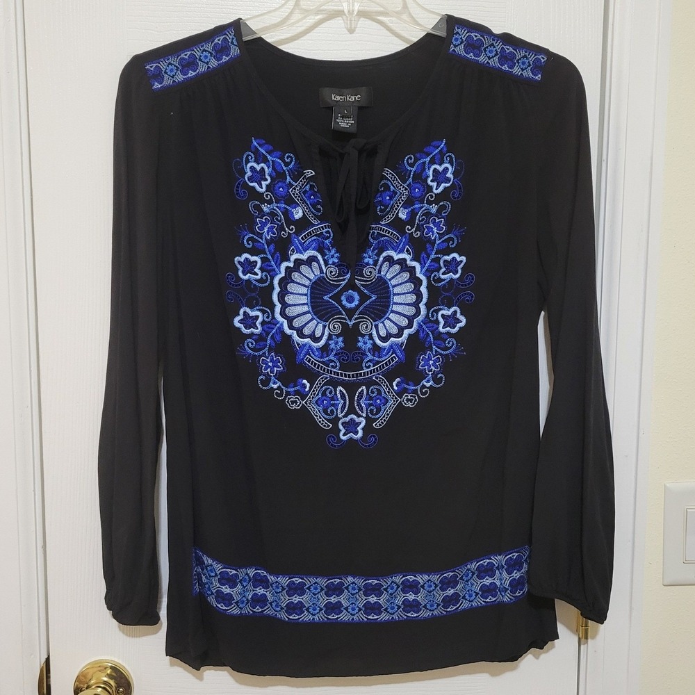 Karen Kane Black Blue Embroidered Boho Peasant Blouse Top Rayon Long Sleeve L